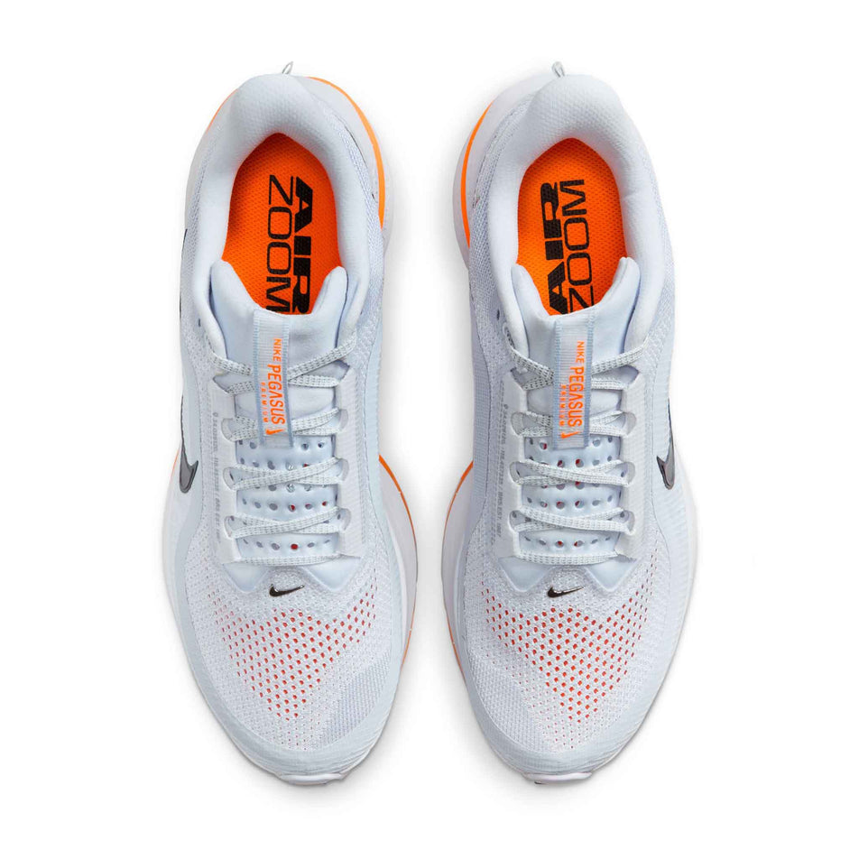 The uppers on a pair of Nike Men's Pegasus Premium Road Running Shoes in the Football Grey/Multi Color-Total Orange colourway. (8574562369698)