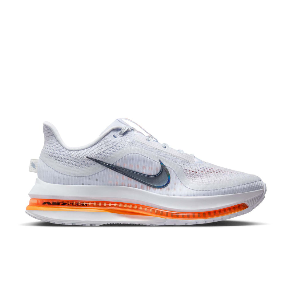 Lateral view of the right shoe from a pair of Nike Women's Pegasus Premium Road Running Shoes in the Football Grey/Multi Color-Total Orange colourway. (8574593728674)