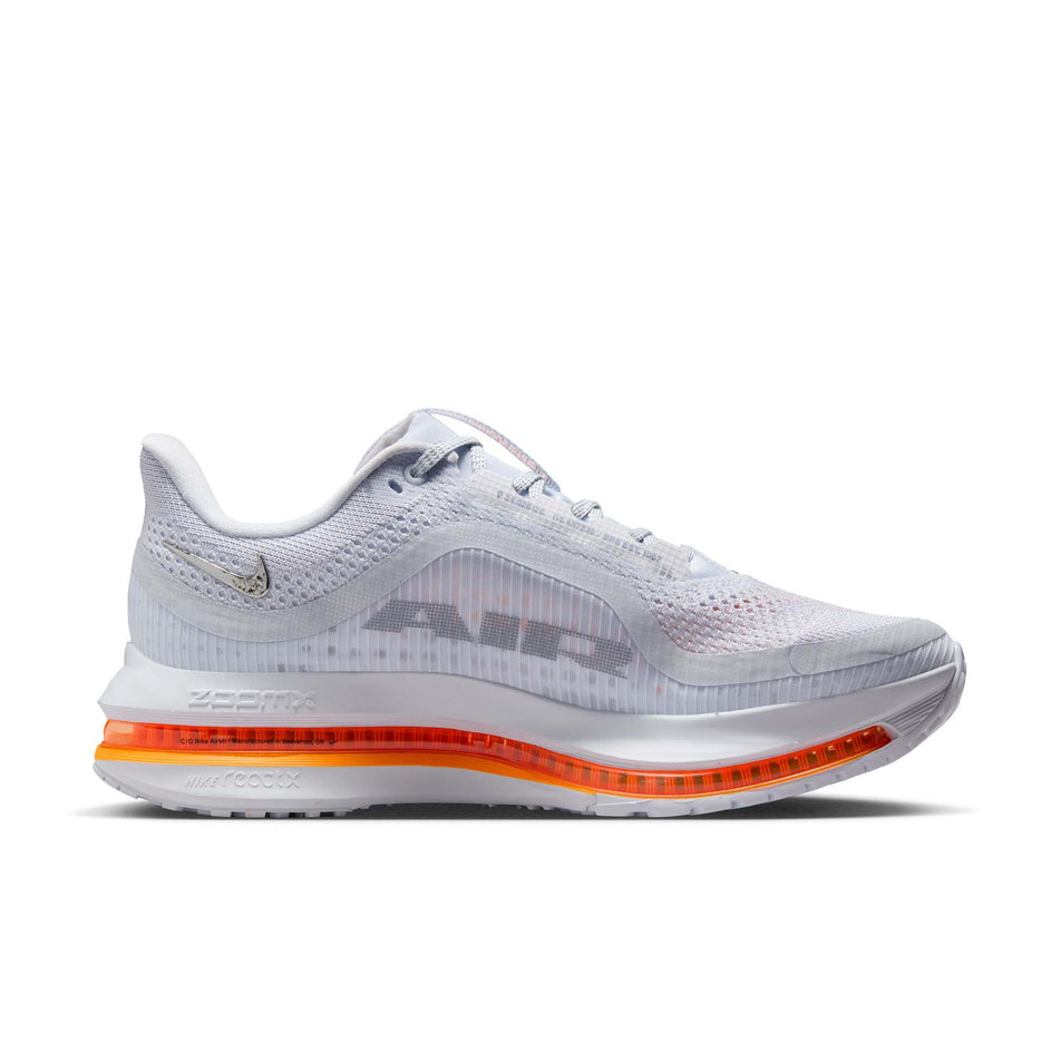 Medial view of the left shoe from a pair of Nike Women's Pegasus Premium Road Running Shoes in the Football Grey/Multi Color-Total Orange colourway. (8574593728674)