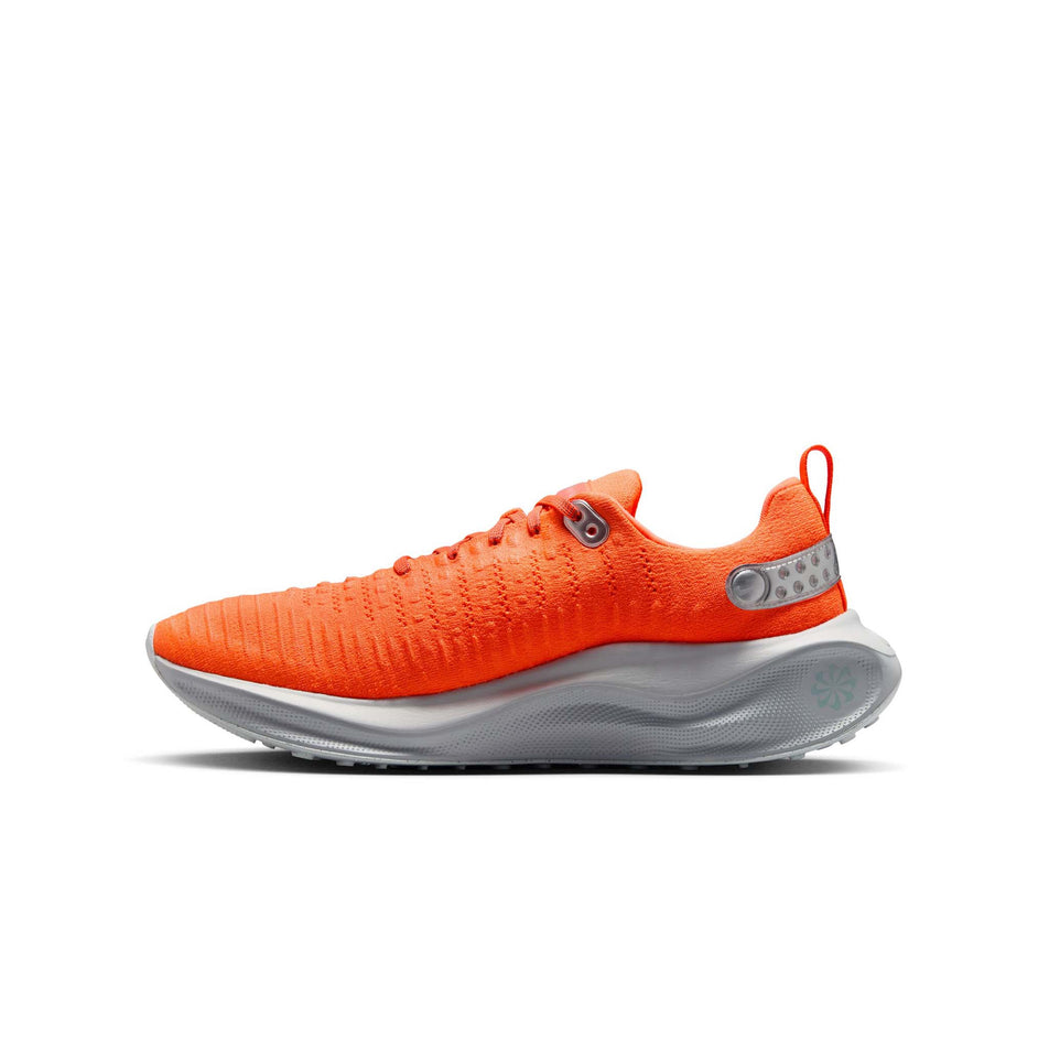 Medial side of the right shoe from a pair of Nike Men's InfinityRN 4 Premium Road Running Shoes in the Hyper Crimson/Metallic Silver colourway. (8524545392802)