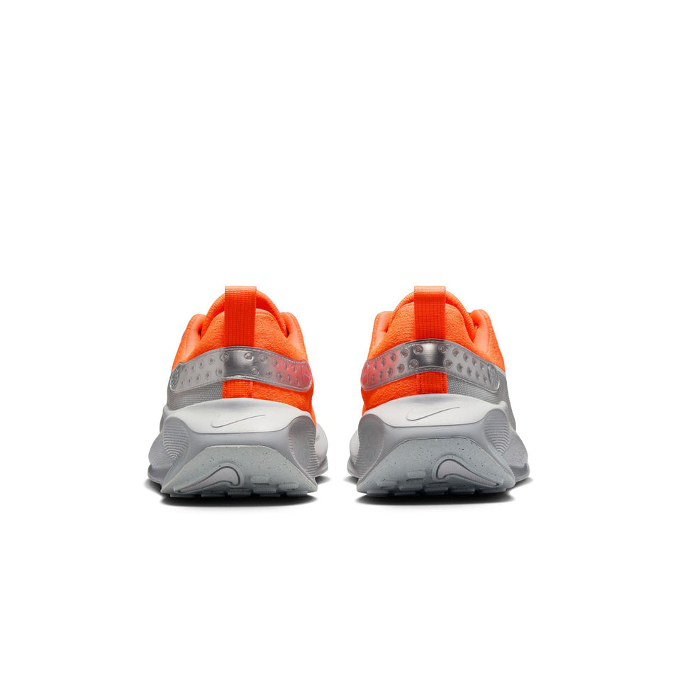 The back of a pair of Nike Men's InfinityRN 4 Premium Road Running Shoes in the Hyper Crimson/Metallic Silver colourway. (8524545392802)