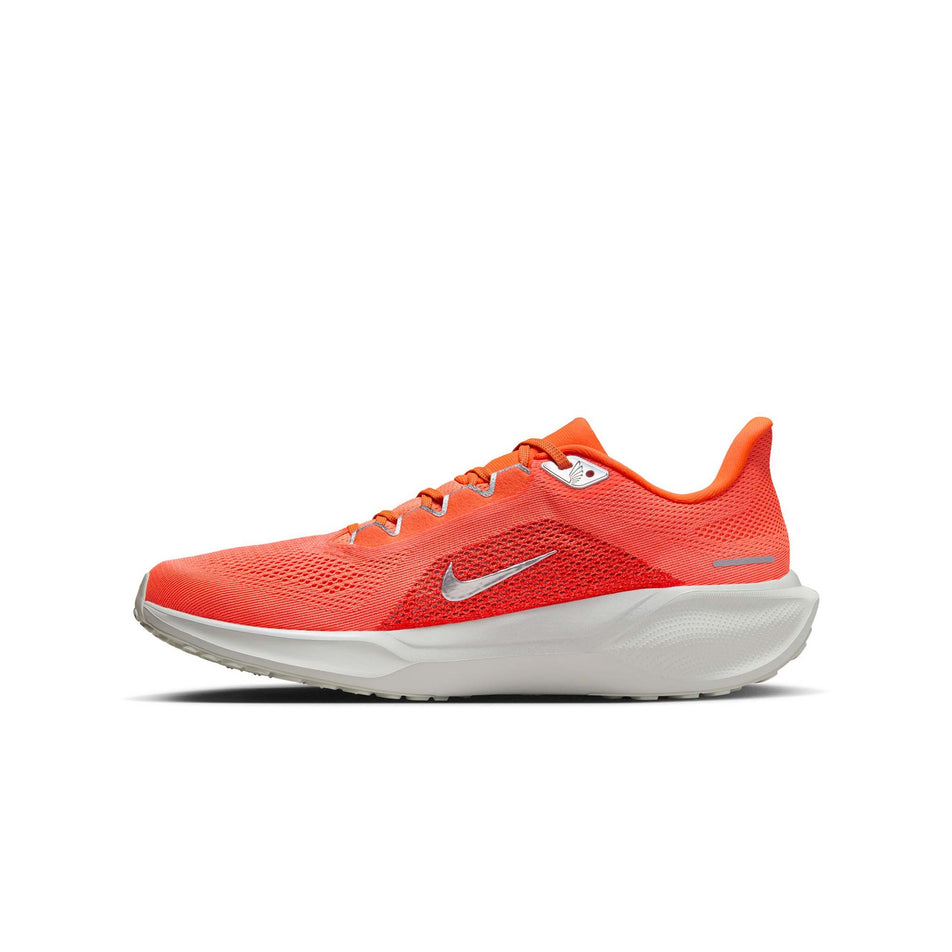 Medial side of the left shoe from a pair of Nike Men's Pegasus 41 Premium Road Running Shoes in the Hyper Crimson/Metallic Silver colourway. (8524542967970)