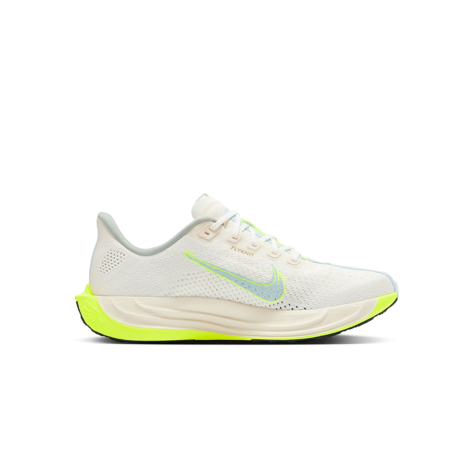 Medial side of the left shoe from a pair of Nike Men's Pegasus Plus Road Running Shoes in the Sail/Black-Pale Ivory-Volt colourway. (8502223012002)