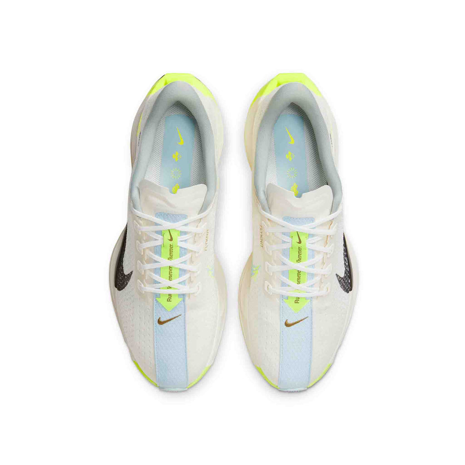 The uppers on a pair of Nike Men's Pegasus Plus Road Running Shoes in the Sail/Black-Pale Ivory-Volt colourway. (8502223012002)