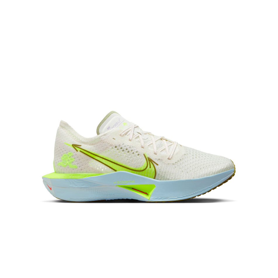 Lateral side of the right shoe from a pair of Nike Women's Vaporfly 3 Road Racing Shoes in the Sail/Glacier Blue-Olive Aura-Volt colourway. (8503116988578)