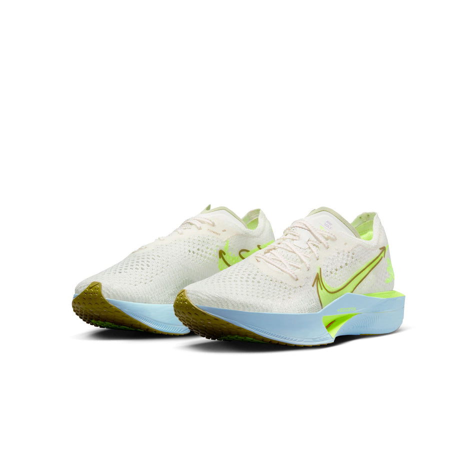 A pair of Nike Women's Vaporfly 3 Road Racing Shoes in the Sail/Glacier Blue-Olive Aura-Volt colourway. (8503116988578)