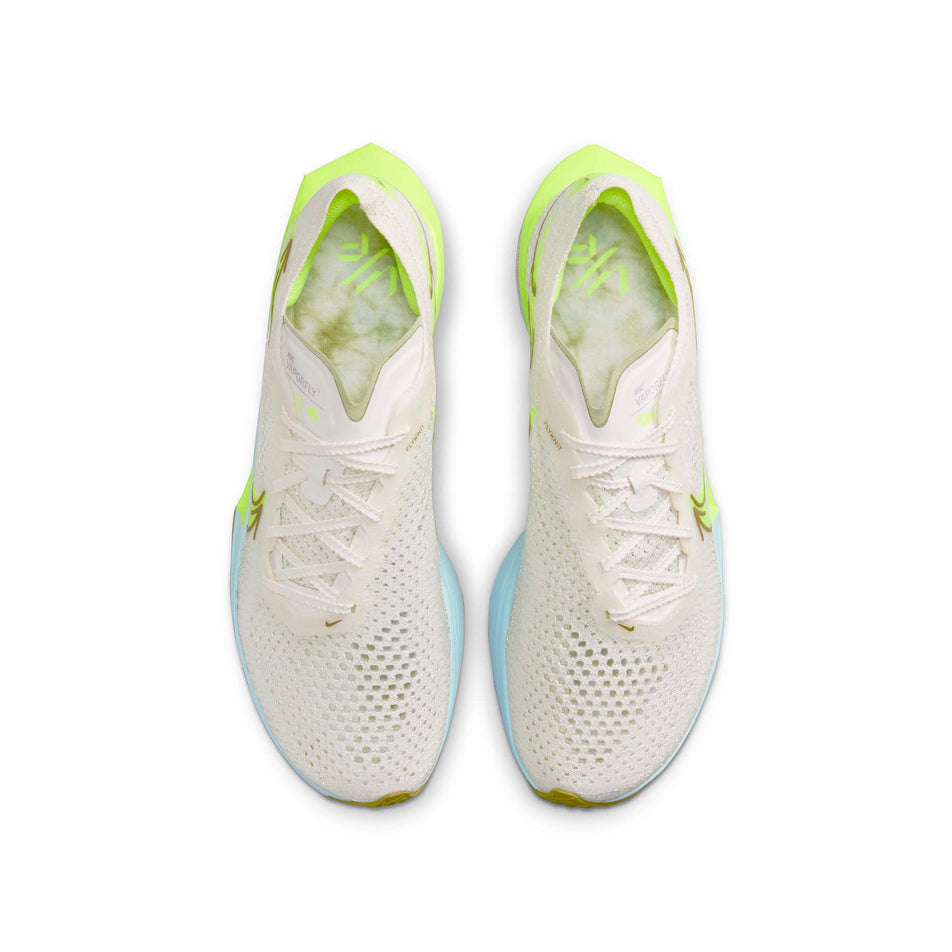 The uppers on a pair of Nike Women's Vaporfly 3 Road Racing Shoes in the Sail/Glacier Blue-Olive Aura-Volt colourway. (8503116988578)