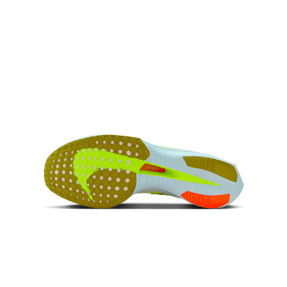 The outsole on the left shoe from a pair of Nike Women's Vaporfly 3 Road Racing Shoes in the Sail/Glacier Blue-Olive Aura-Volt colourway. (8503116988578)