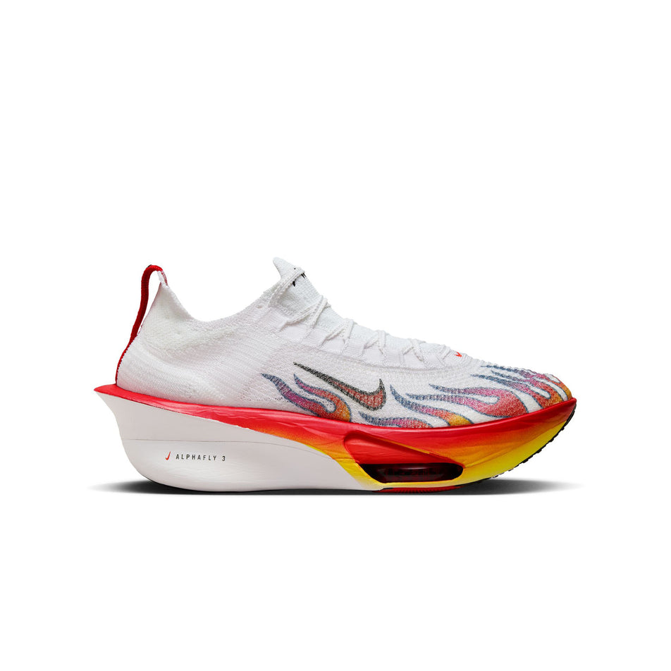 Lateral side of the right shoe from a pair of Nike Men's Alphafly 3 Premium Road Racing Shoes in the White/Habanero Red-Black-University Red colourway. (8549931319458)