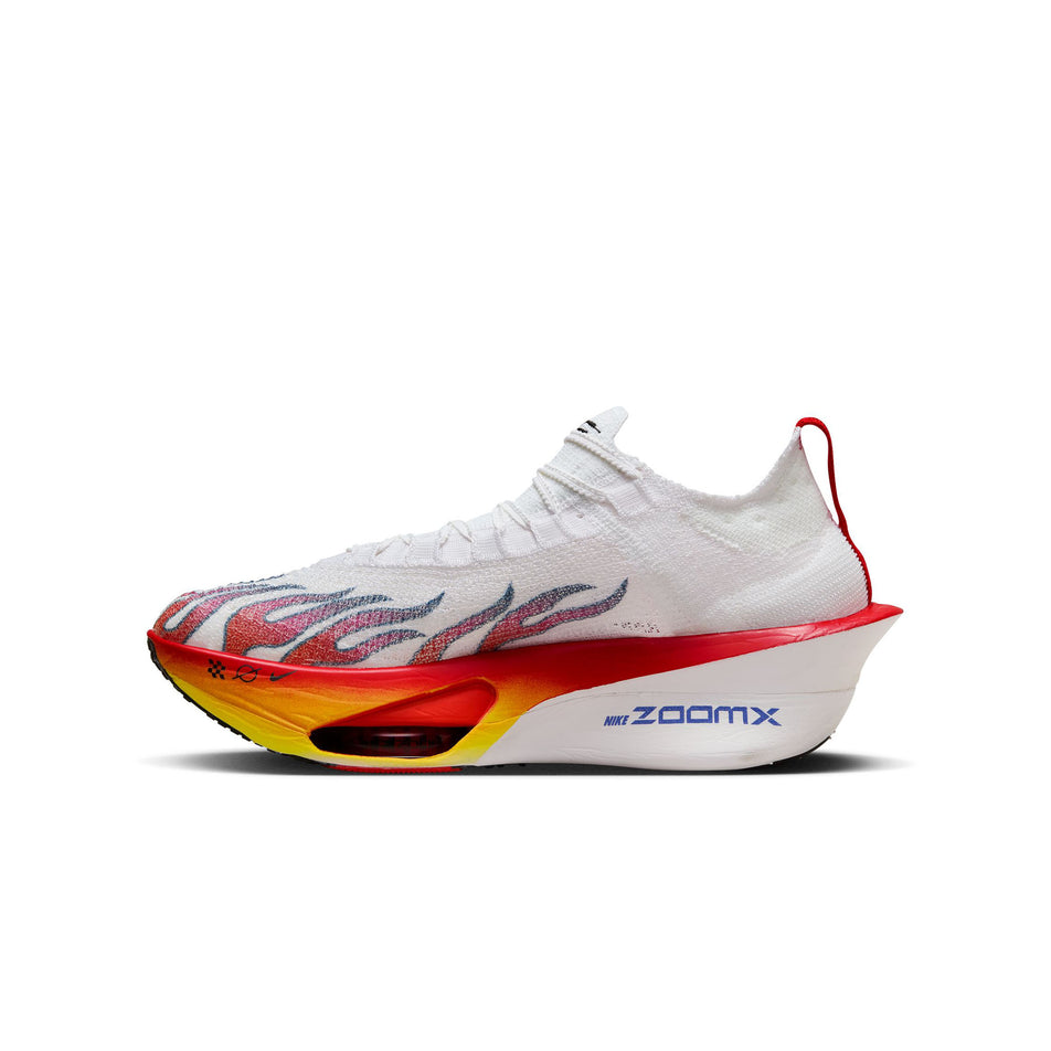 Medial side of the right shoe from a pair of Nike Men's Alphafly 3 Premium Road Racing Shoes in the White/Habanero Red-Black-University Red colourway. (8549931319458)