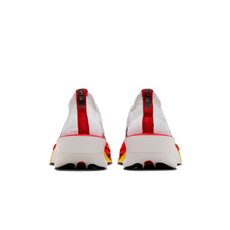 The back of a pair of Nike Men's Alphafly 3 Premium Road Racing Shoes in the White/Habanero Red-Black-University Red colourway. (8549931319458)