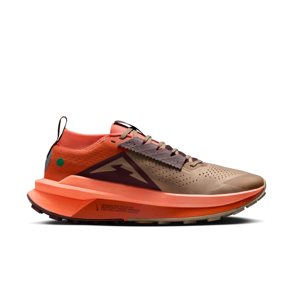 Medial side of the left shoe from a pair of Nike Men's Zegama Trail 2 Trail Running Shoes in the Khaki/White-Hyper Crimson-Burgundy Crush colourway. (8524550144162)