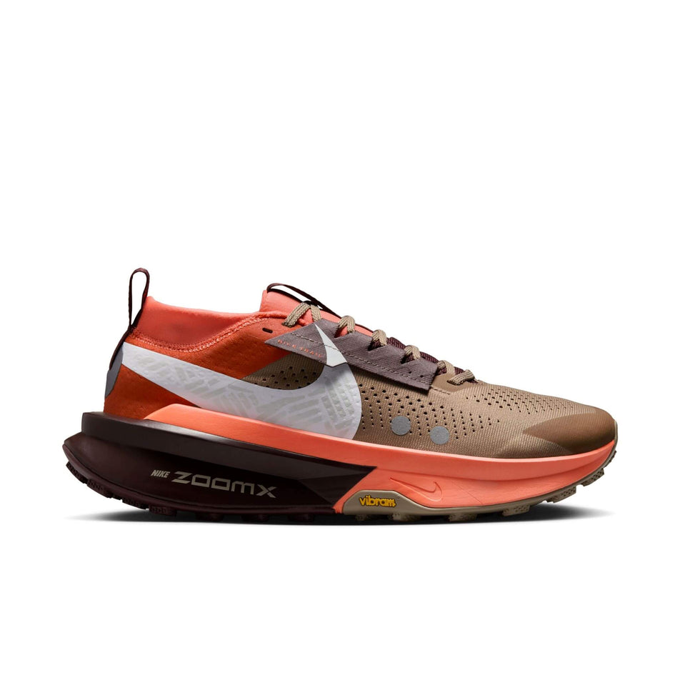 Lateral side of the right shoe from a pair of Nike Men's Zegama Trail 2 Trail Running Shoes in the Khaki/White-Hyper Crimson-Burgundy Crush colourway. (8524550144162)