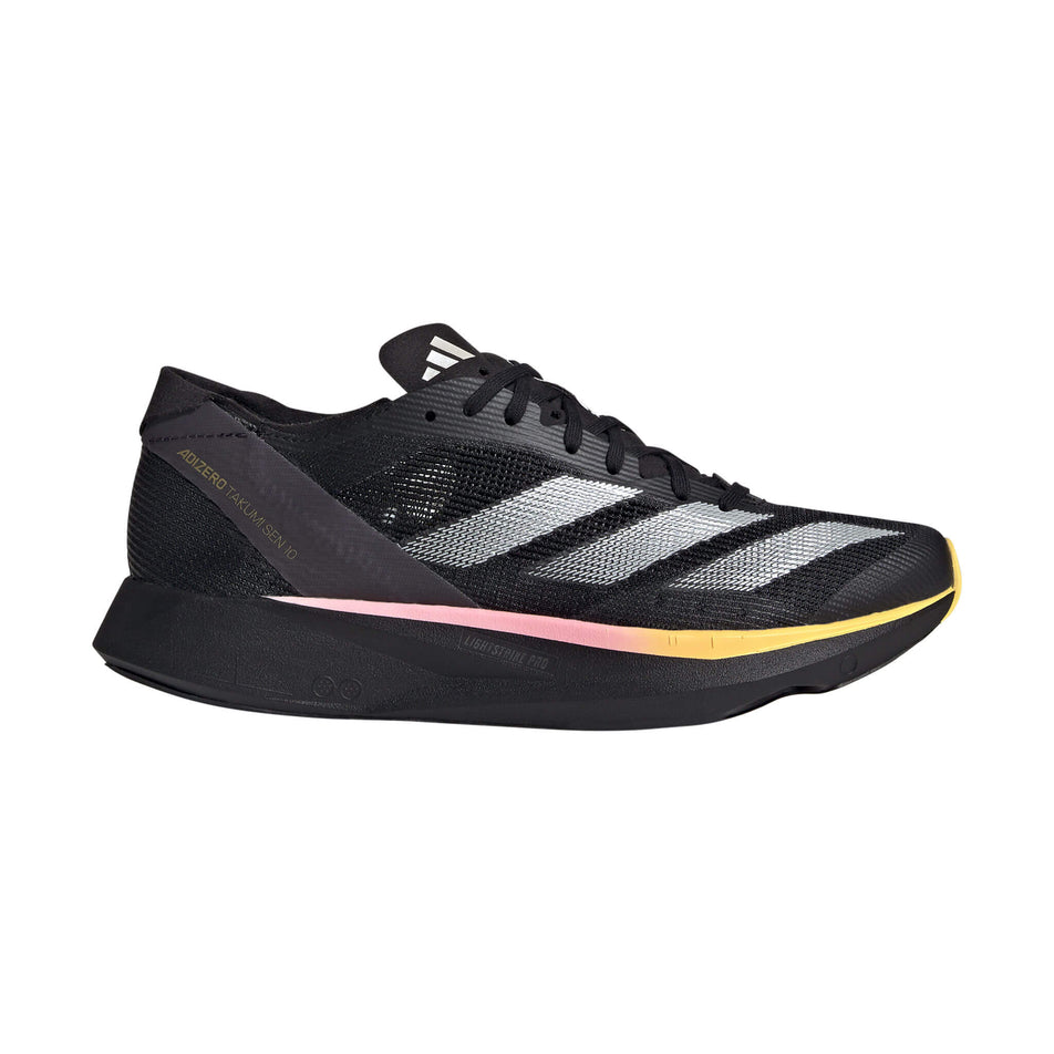 Lateral side of the right shoe from a pair of adidas Women's Takumi Sen 10 Running Shoes in the Core Black/Zero Met./Spark colourway (8194325020834)