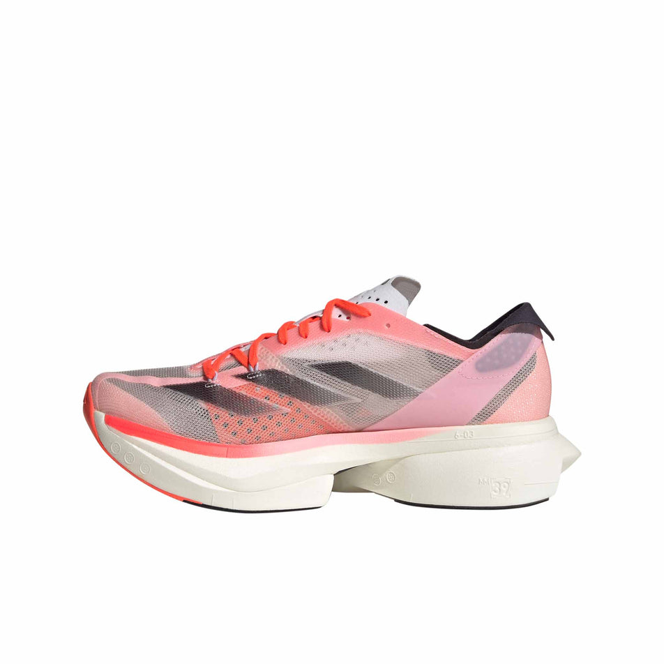 Medial side of the right shoe from a pair of adidas Women's Adizero Adios Pro 3 Running Shoes in the Pink Spark/Aurora Met./Sandy Pink colourway (8339206144162)