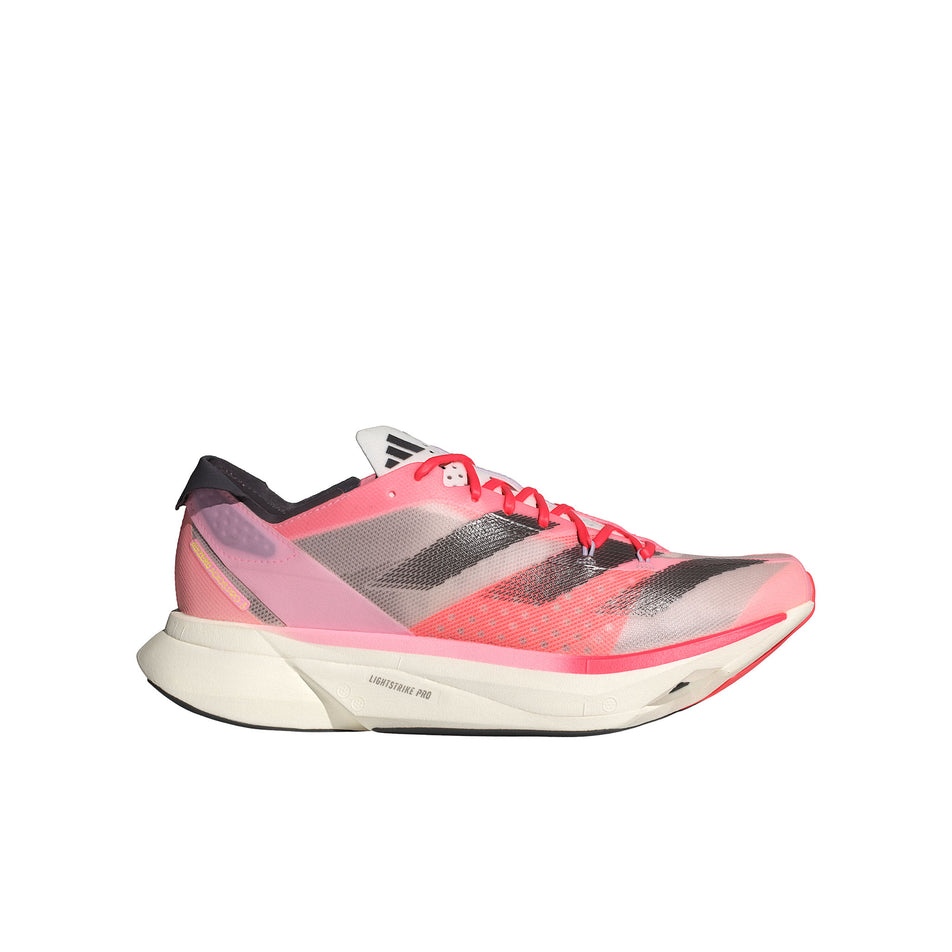 Lateral side of the right shoe from a pair of adidas Men's Adizero Adios Pro 3 Running Shoes in the Pink Spark/Aurora Met./Sandy Pink colourway (8339204800674)