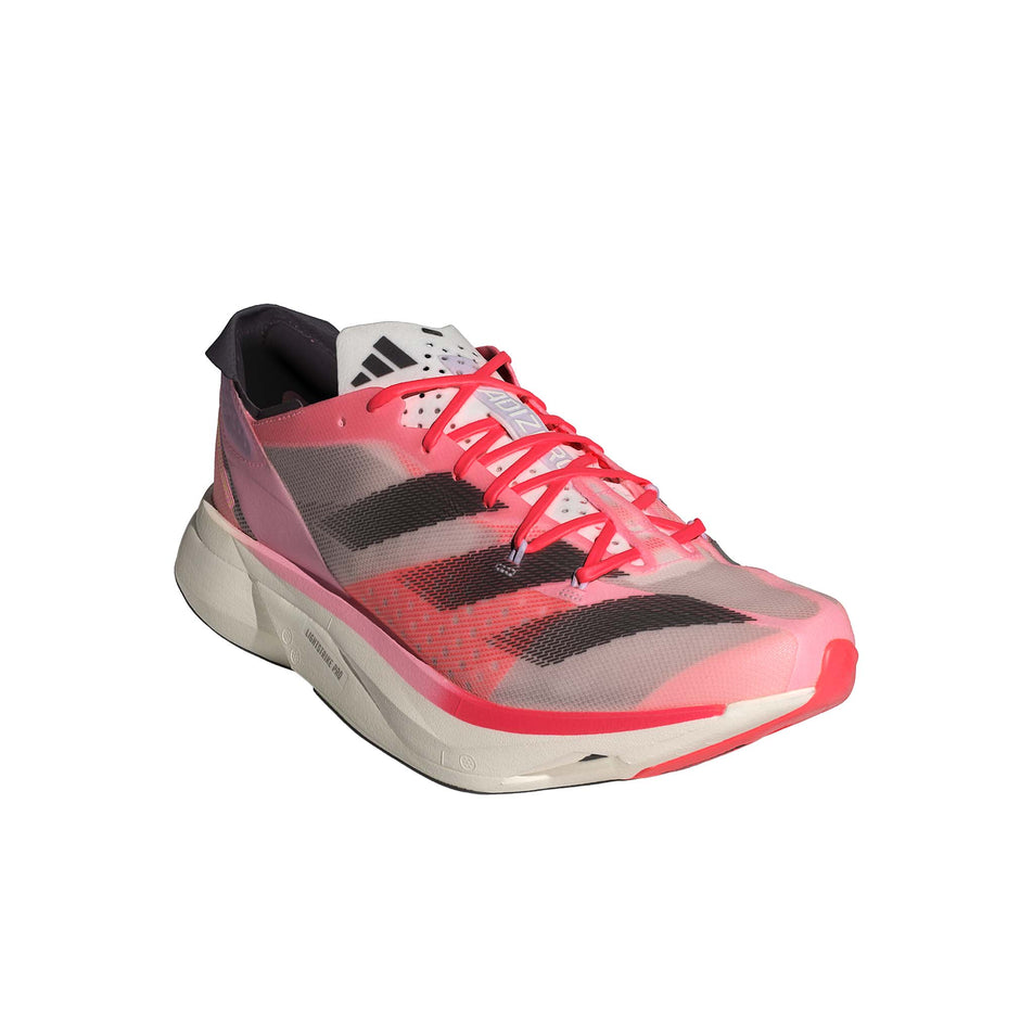 Lateral side of the right shoe from a pair of adidas Men's Adizero Adios Pro 3 Running Shoes in the Pink Spark/Aurora Met./Sandy Pink colourway (8339204800674)