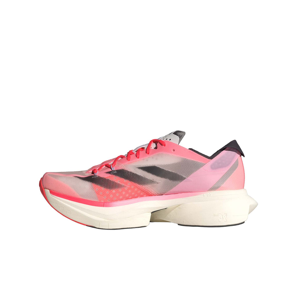 Medial side of the right shoe from a pair of adidas Men's Adizero Adios Pro 3 Running Shoes in the Pink Spark/Aurora Met./Sandy Pink colourway (8339204800674)