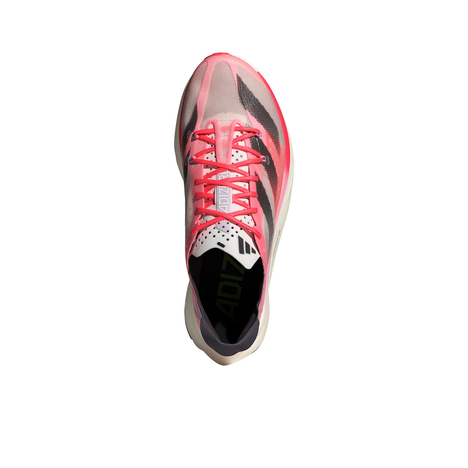 The upper of the right shoe from a pair of adidas Men's Adizero Adios Pro 3 Running Shoes in the Pink Spark/Aurora Met./Sandy Pink colourway (8339204800674)