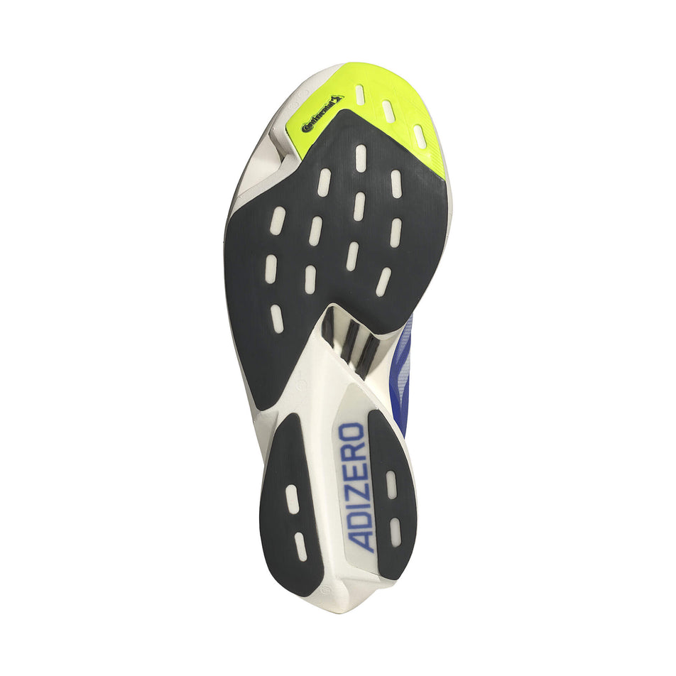 Outsole of the right shoe from a pair of adidas Men's Adizero Adios Pro 3 Running Shoes in the Cobalt Blue/Zero Met./Lucid Lemon colourway. (8472615321762)