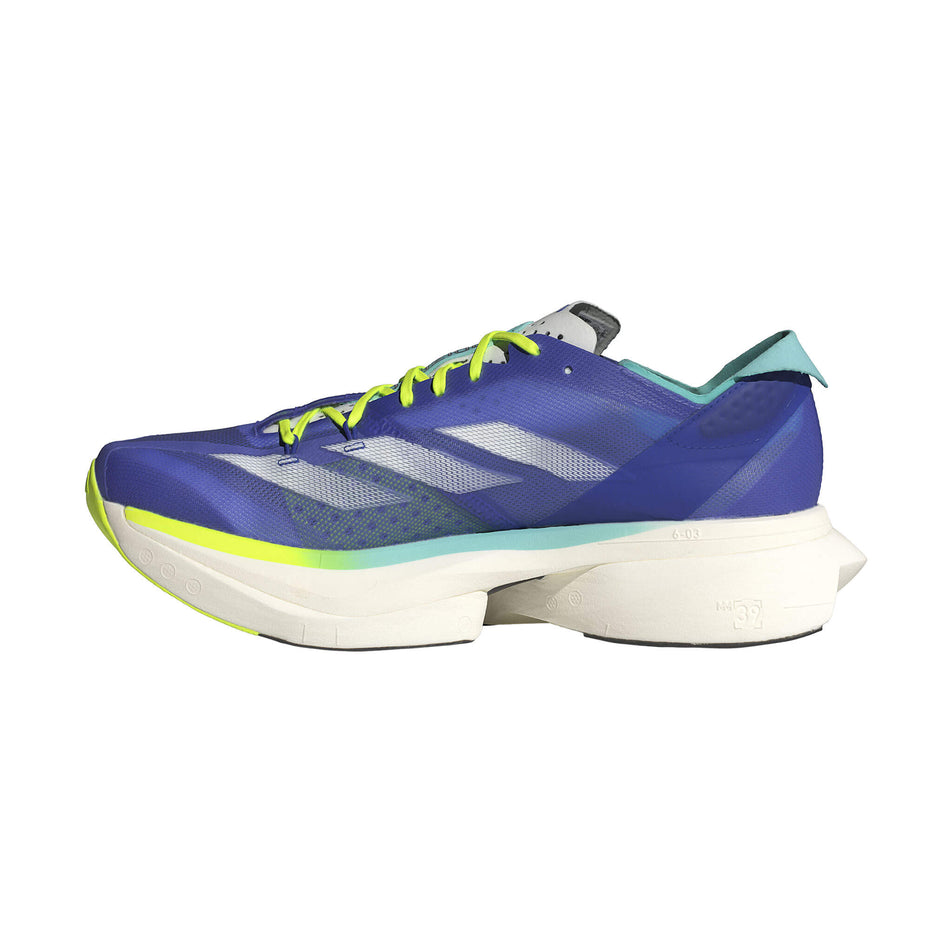 Medial side of the right shoe from a pair of adidas Men's Adizero Adios Pro 3 Running Shoes in the Cobalt Blue/Zero Met./Lucid Lemon colourway. (8472615321762)