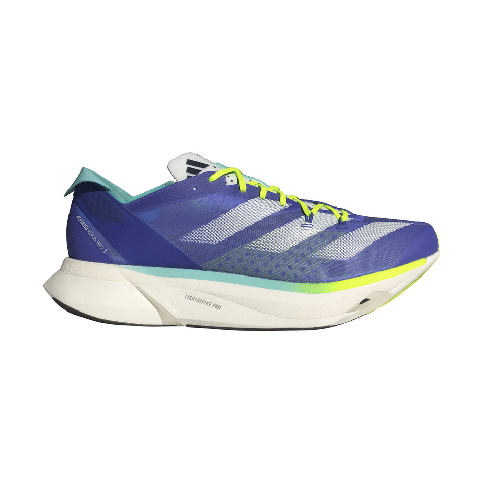 Lateral side of the right shoe from a pair of adidas Men's Adizero Adios Pro 3 Running Shoes in the Cobalt Blue/Zero Met./Lucid Lemon colourway. (8472615321762)