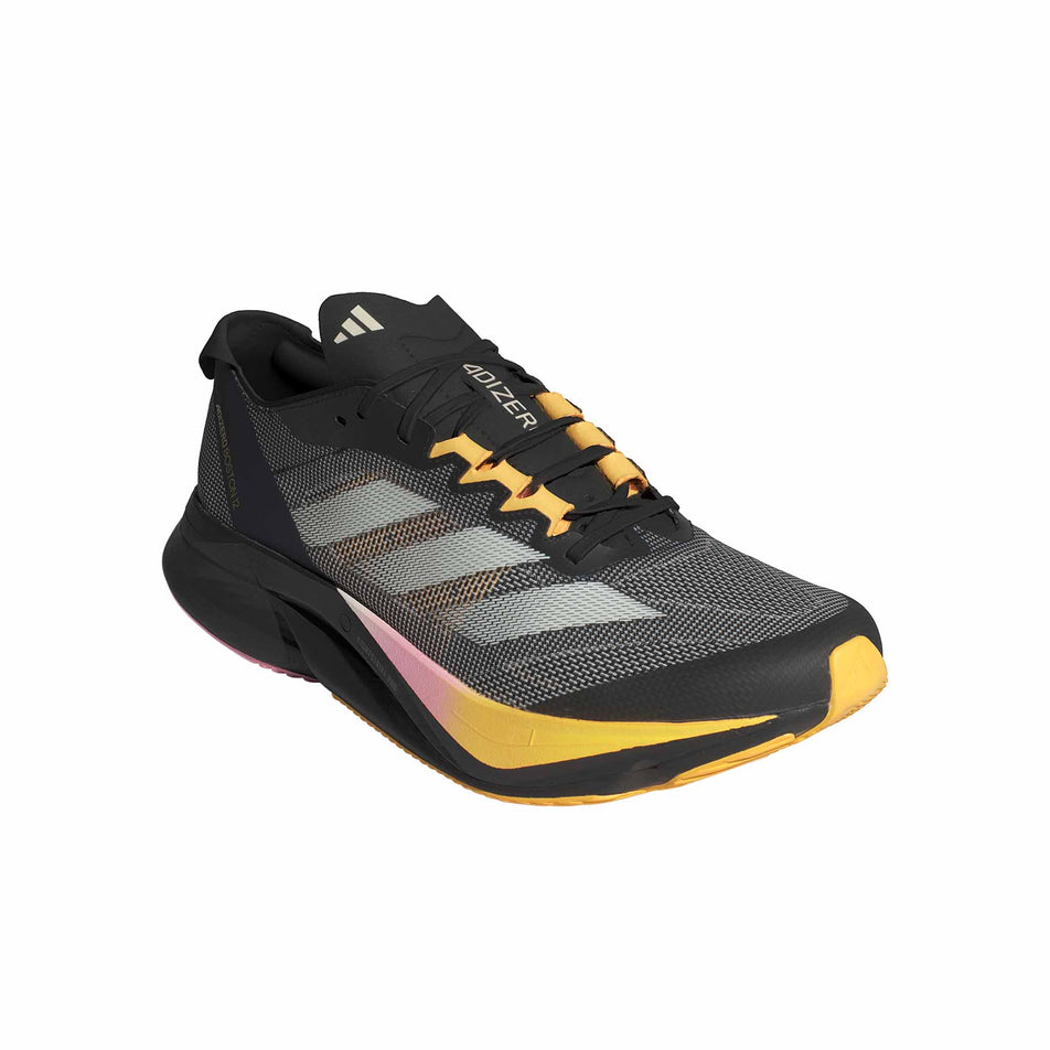 Lateral side of the right shoe from a pair of adidas Men's Adizero Boston 12 Running Shoes in the Core Black/Zero Met./Spark colourway (8339205652642)