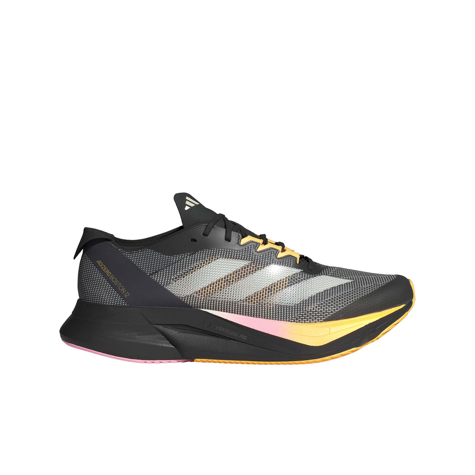 Lateral side of the right shoe from a pair of adidas Men's Adizero Boston 12 Running Shoes in the Core Black/Zero Met./Spark colourway (8339205652642)