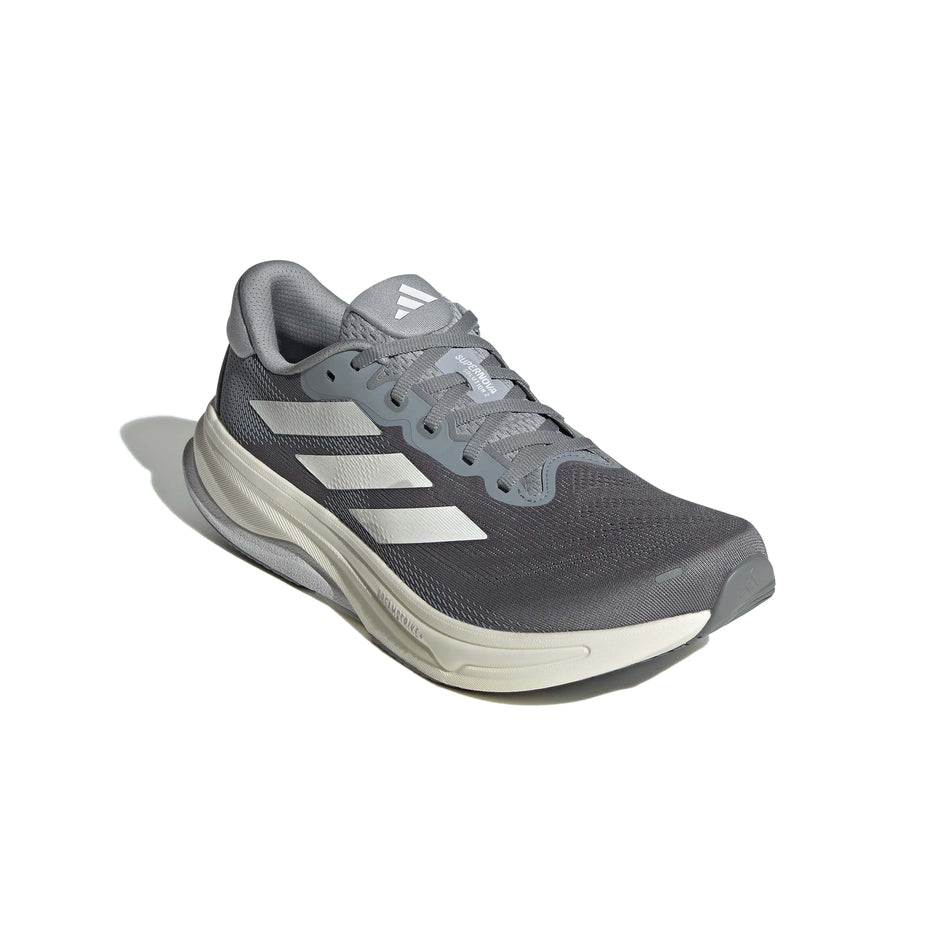 Lateral side of the right shoe from a pair of adidas Men's Supernova Solution 2 Running Shoes in the Grey/Ftwr White/Halo Silver colourway. (8556014633122)