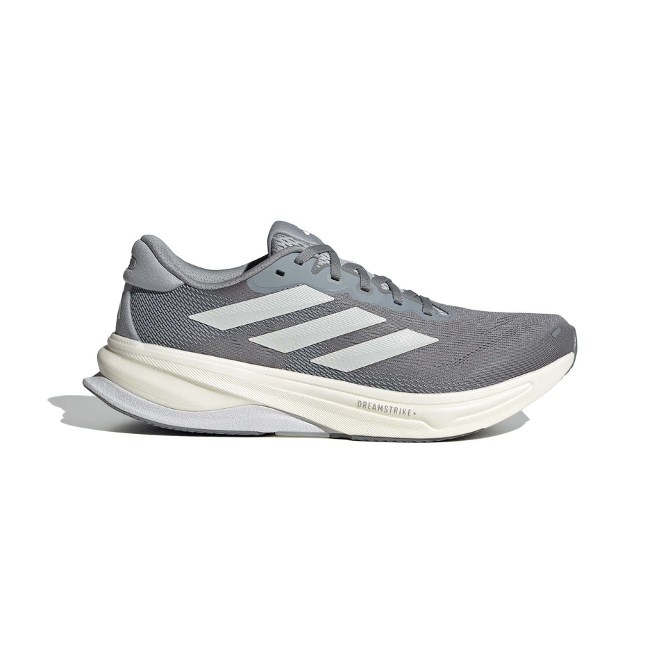 Lateral side of the right shoe from a pair of adidas Men's Supernova Solution 2 Running Shoes in the Grey/Ftwr White/Halo Silver colourway. (8556014633122)