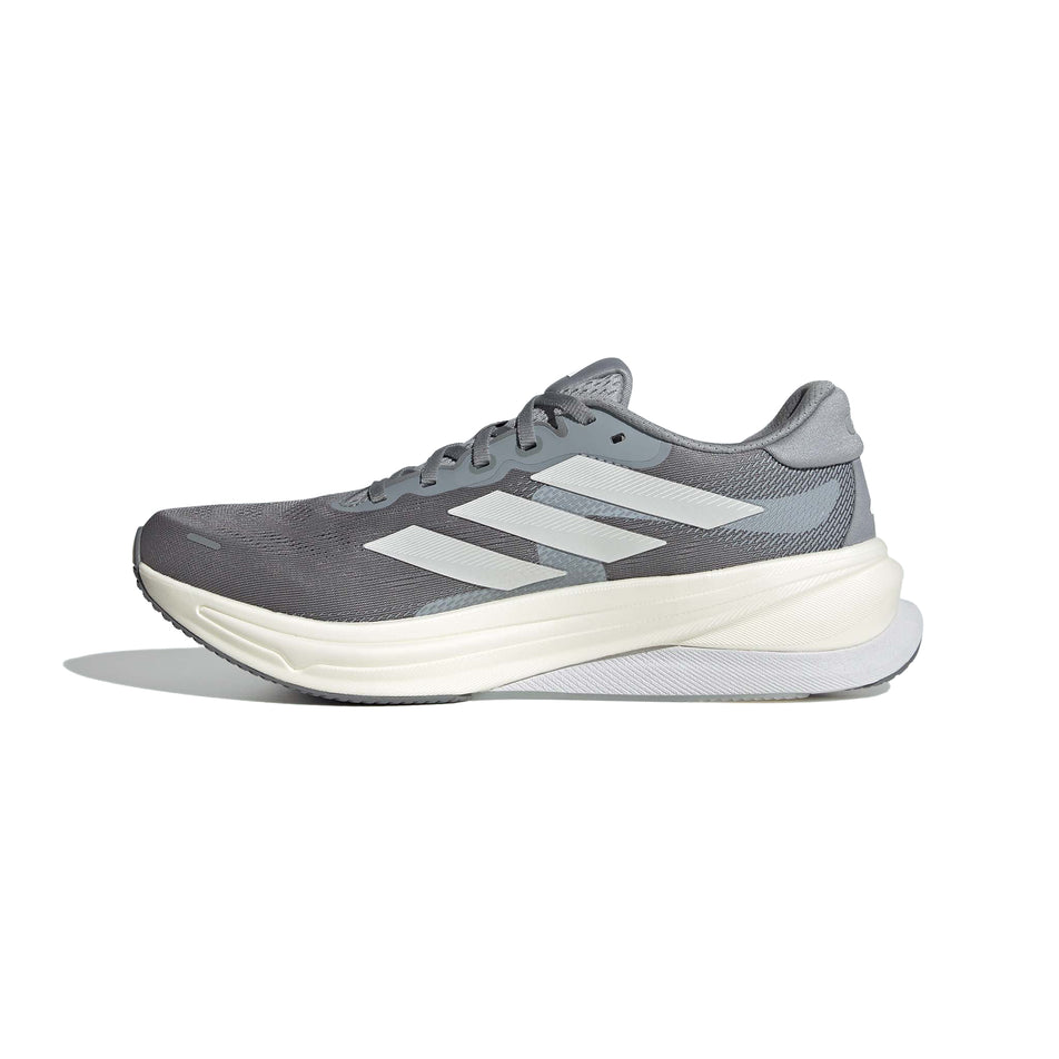 Medial side of the right shoe from a pair of adidas Men's Supernova Solution 2 Running Shoes in the Grey/Ftwr White/Halo Silver colourway. (8556014633122)