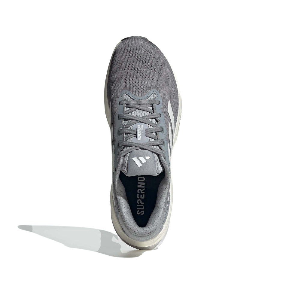 The upper on the right shoe from a pair of adidas Men's Supernova Solution 2 Running Shoes in the Grey/Ftwr White/Halo Silver colourway. (8556014633122)