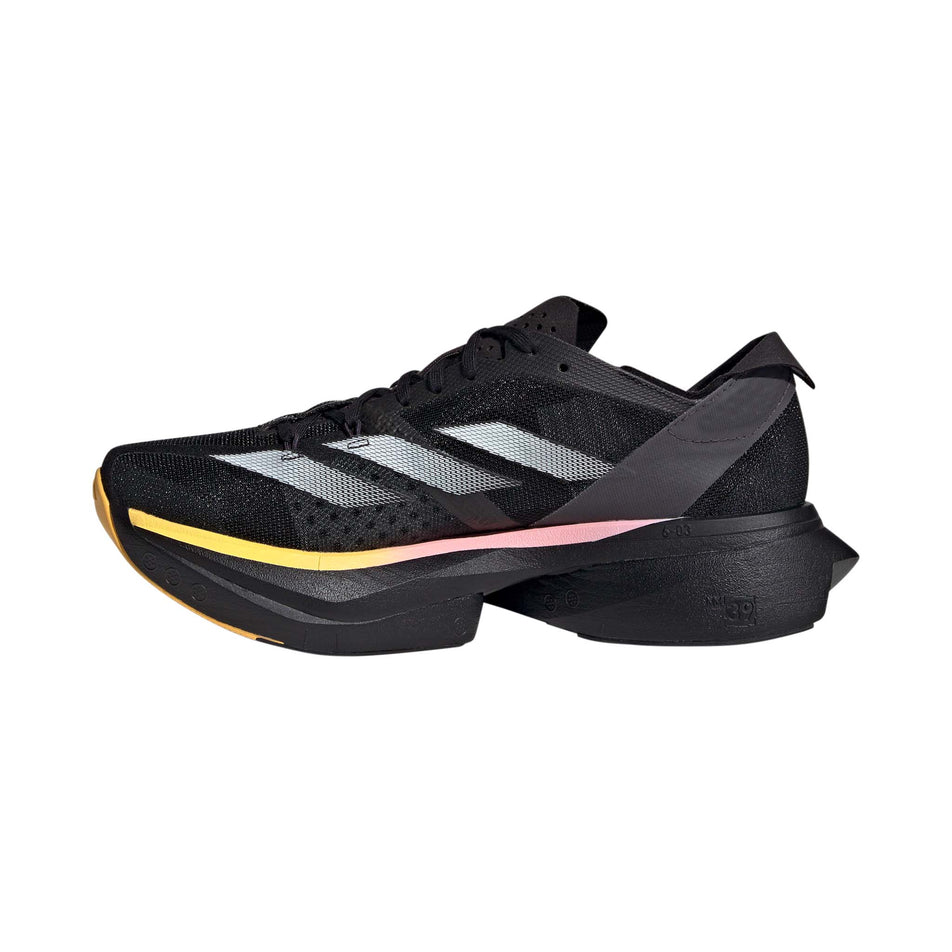 Medial side of the right shoe from a pair of adidas Women's Adizero Adios Pro 3 Running Shoes in the Core Black/Zero Met./Spark colourway (8194305818786)