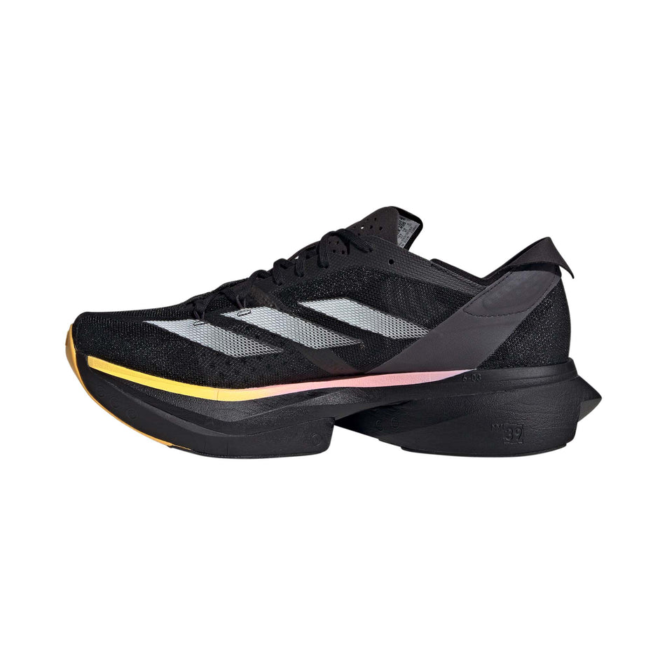 Medial side of the right shoe from a pair of adidas Men's Adizero Adios Pro 3 Running Shoes in the Core Black/Zero Met./Spark colourway (8194241626274)