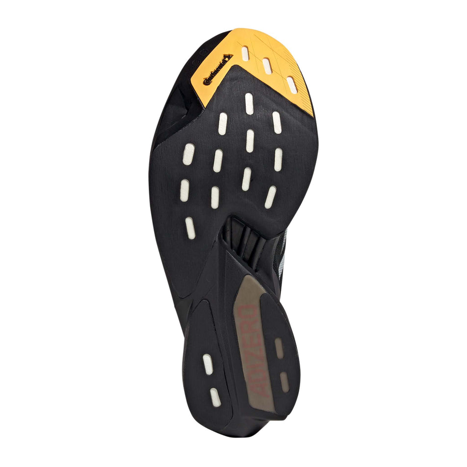 Outsole of the left shoe from a pair of adidas Men's Adizero Adios Pro 3 Running Shoes in the Core Black/Zero Met./Spark colourway (8194241626274)