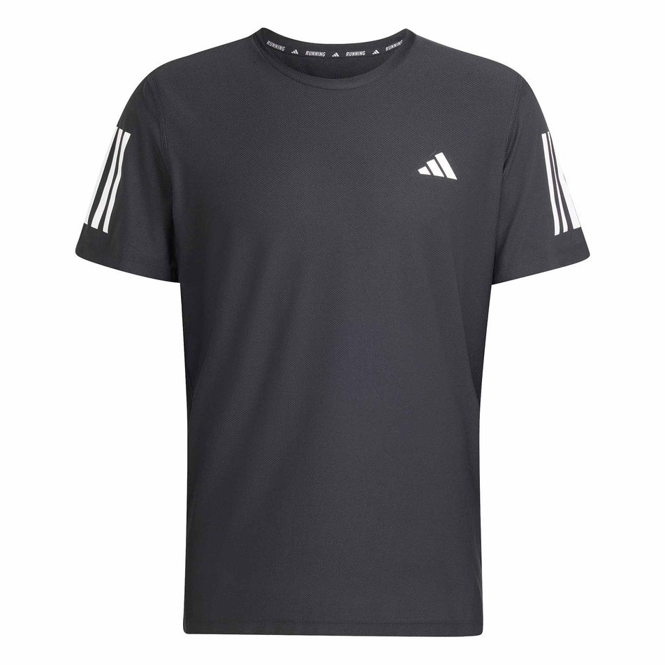 Front view of the adidas Men's Own The Run Base Tee in the Black colourway.  (8566972317858)