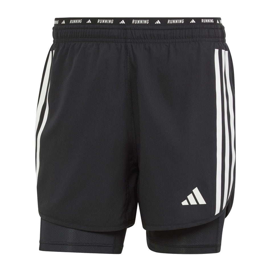 Front view of a pair of adidas Men's Own The Run 3-Stripes 2-In-1 Shorts in the black colourway (8449469448354)