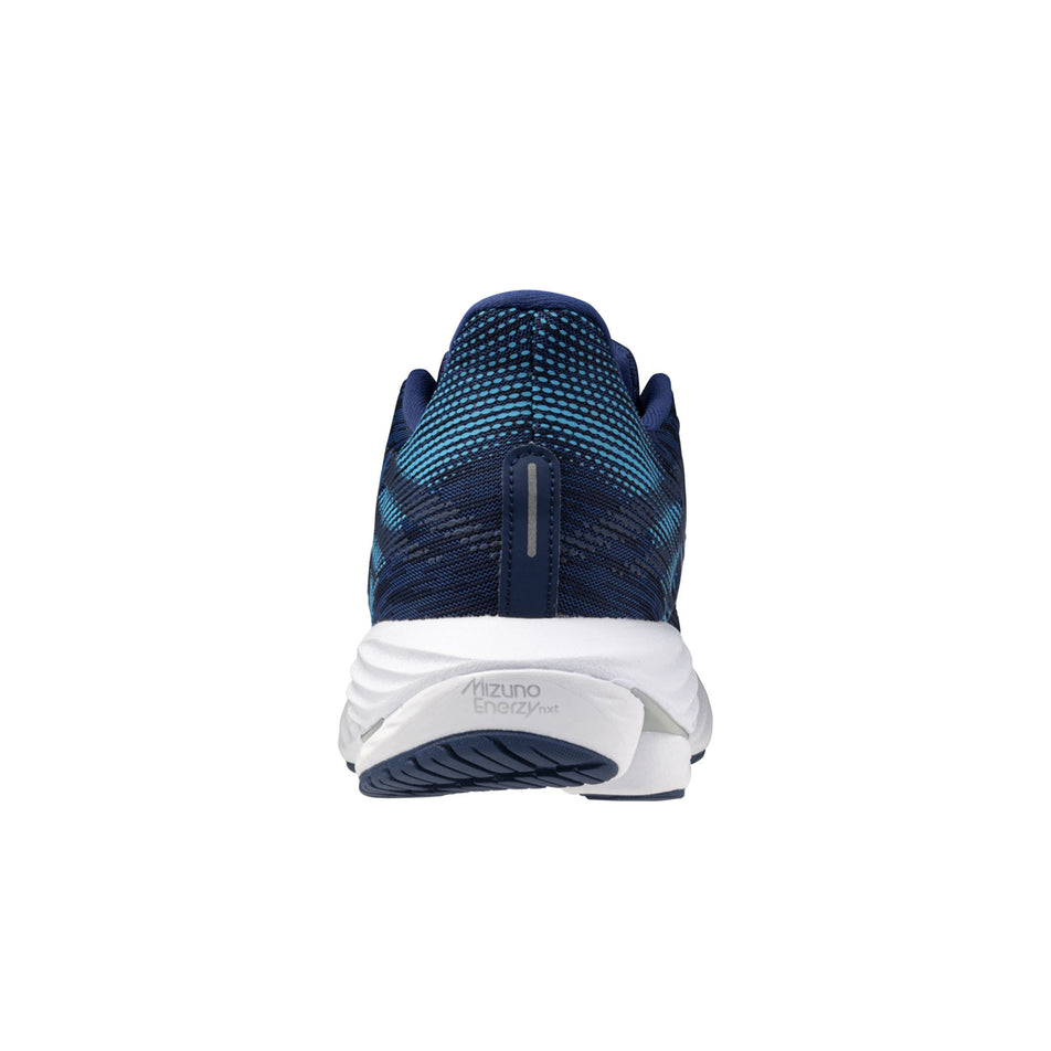 Back of the left shoe from a pair of Mizuno Men's Wave Rider 28 Running Shoes in the Estate Blue/White/River Blue colourway (8339276103842)