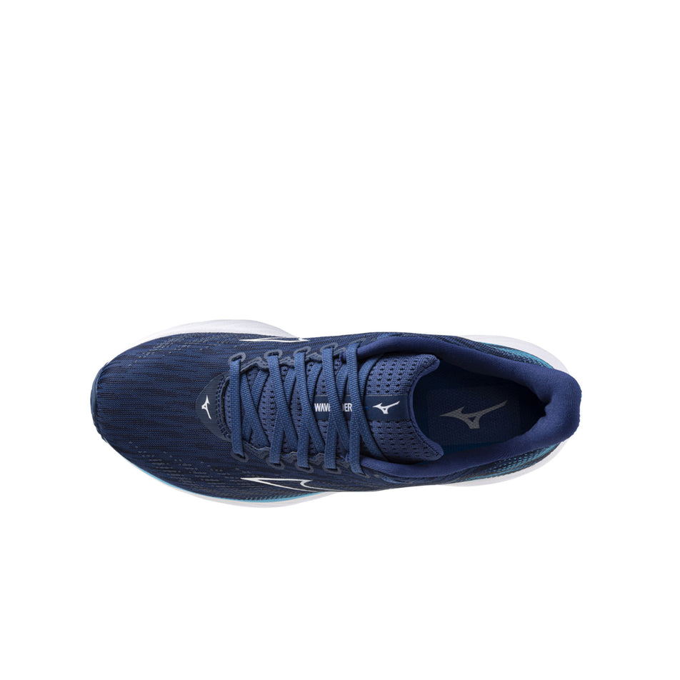 Upper of the left shoe from a pair of Mizuno Men's Wave Rider 28 Running Shoes in the Estate Blue/White/River Blue colourway (8339276103842)