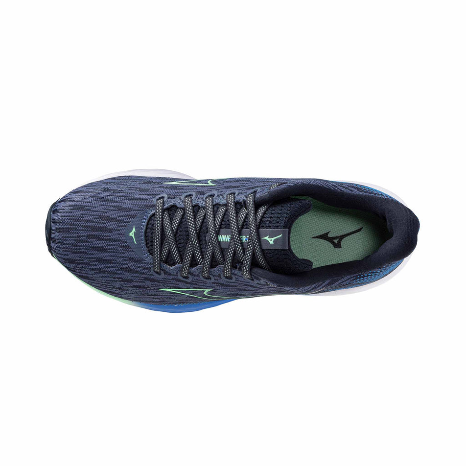 Upper of the left shoe from a pair of Mizuno Men's Wave Rider 28 Running Shoes in the Vintage Indigo/Neo Mint/Frontier Blue colourway. (8547518513314)