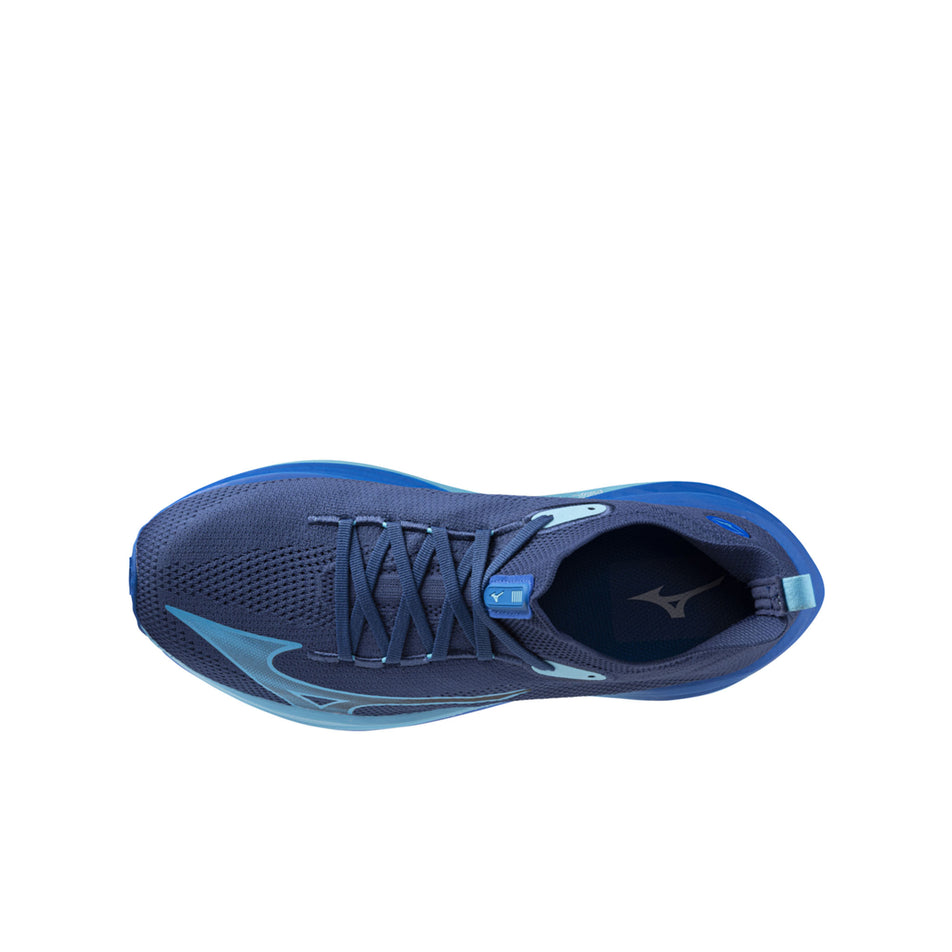 The upper on the left shoe from a pair of Mizuno Men's Neo Vista Running Shoes in the Estate Blue/River Blue/Mugen Blue colourway (8339284394146)