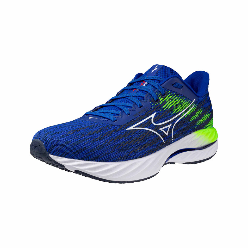 Lateral side of the left shoe from a pair of Mizuno Men's Wave Inspire 21 Running Shoes in the Reflex Blue C/White/Green Gecko colourway. (8547524935842)