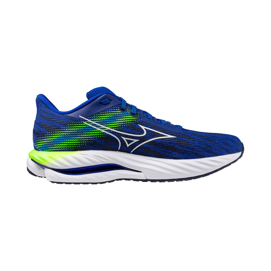 Medial side of the left shoe from a pair of Mizuno Men's Wave Inspire 21 Running Shoes in the Reflex Blue C/White/Green Gecko colourway. (8547524935842)