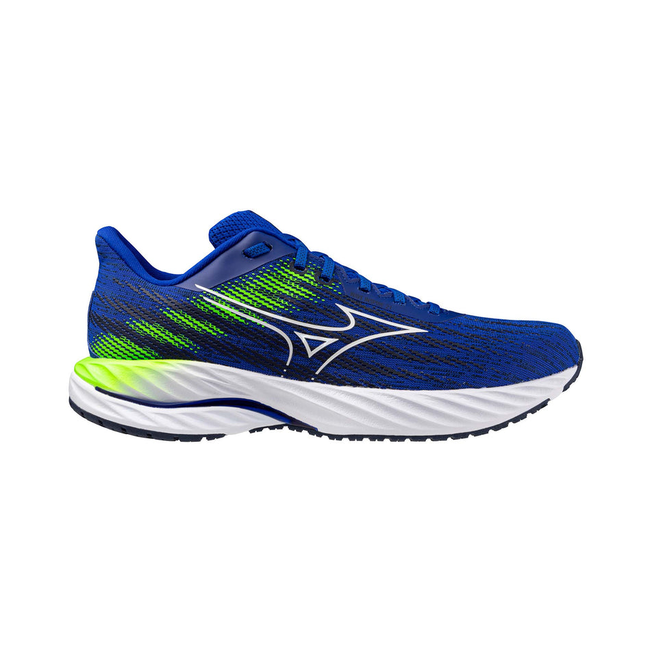 Lateral side of the right shoe from a pair of Mizuno Men's Wave Inspire 21 Running Shoes in the Reflex Blue C/White/Green Gecko colourway. (8547524935842)