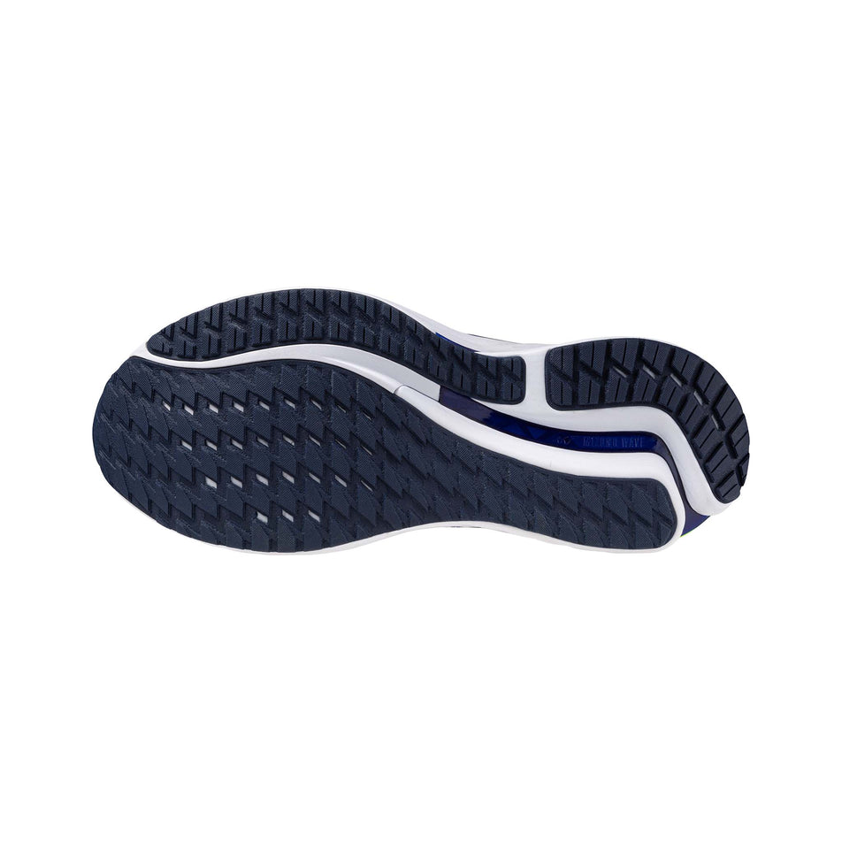 Outsole of the left shoe from a pair of Mizuno Men's Wave Inspire 21 Running Shoes in the Reflex Blue C/White/Green Gecko colourway. (8547524935842)