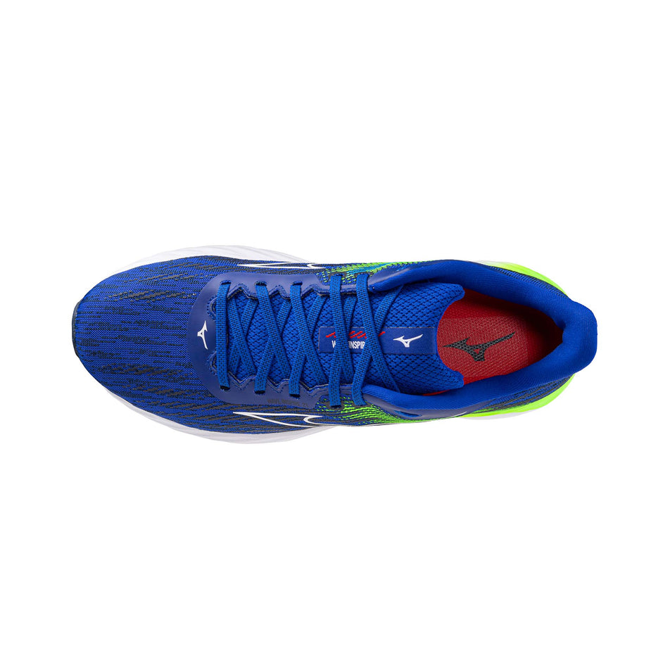 The upper of the left shoe from a pair of Mizuno Men's Wave Inspire 21 Running Shoes in the Reflex Blue C/White/Green Gecko colourway. (8547524935842)