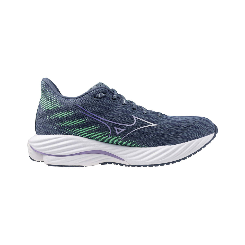 Medial side of the left shoe from a pair of Mizuno Women's Wave Rider 28 Running Shoes in the Citadel/White/Neo Mint colourway. (8547526508706)