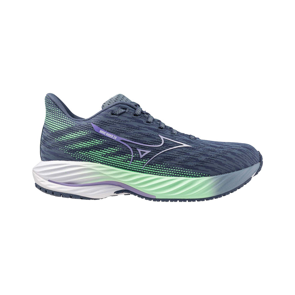 Lateral side of the right shoe from a pair of Mizuno Women's Wave Rider 28 Running Shoes in the Citadel/White/Neo Mint colourway. (8547526508706)