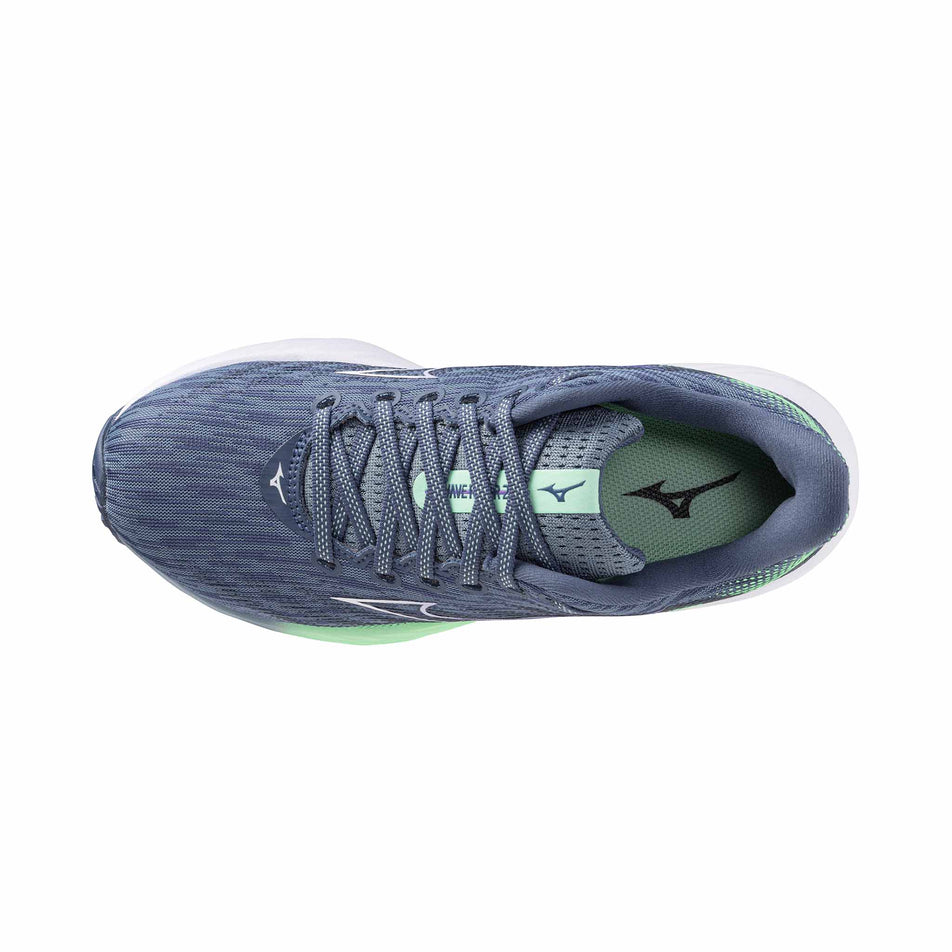 The upper of the left shoe from a pair of Mizuno Women's Wave Rider 28 Running Shoes in the Citadel/White/Neo Mint colourway. (8547526508706)