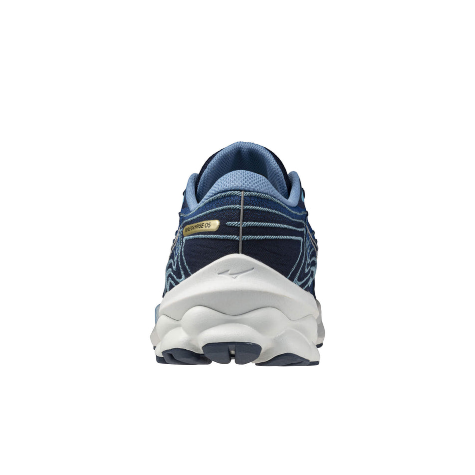 Back of the left shoe from a pair of Mizuno Men's Wave Skyrise 5 Running Shoes in the Classic Blue/Plein Air/River Blue colourway (8339278758050)